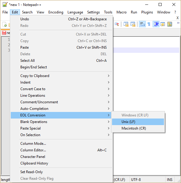Changing the new line symbol with notepad++